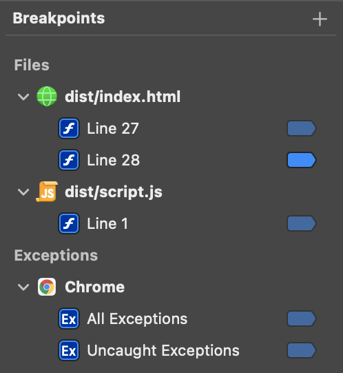 The Breakpoints list in the Debug Sidebar. The Breakpoints list in the Debug Sidebar.