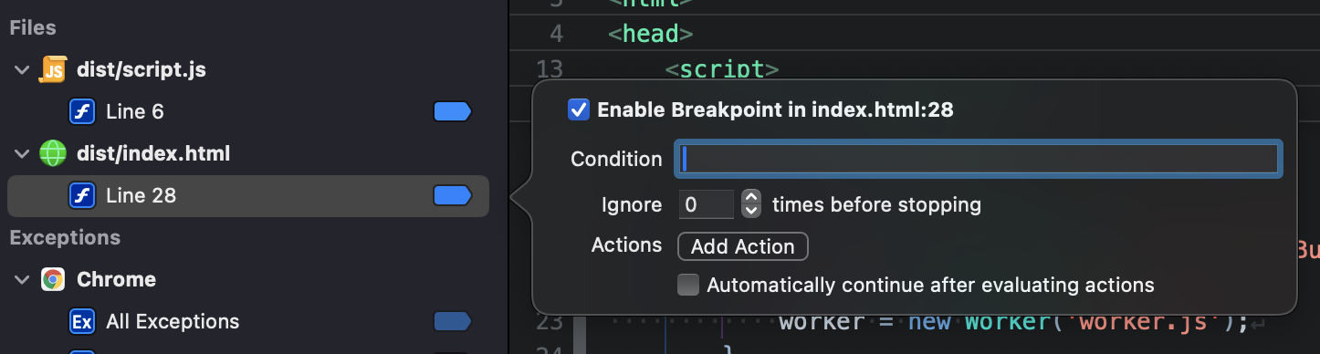 Editing a breakpoint. Editing a breakpoint.
