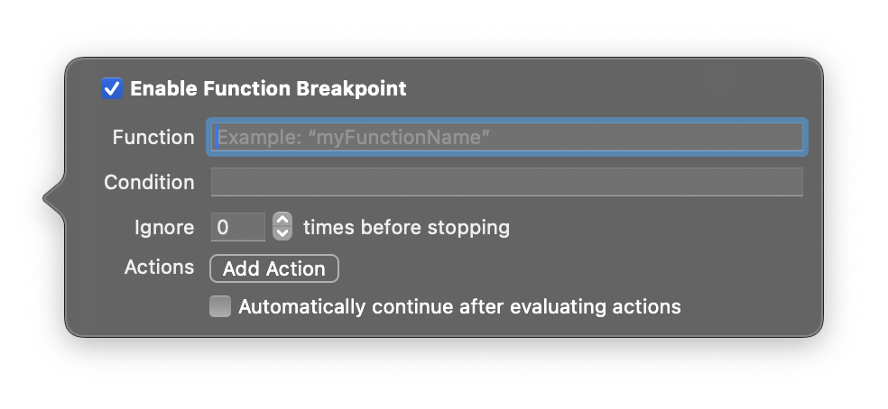 Adding a function breakpoint. Adding a function breakpoint.