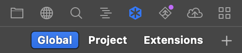 The top of the Clips Sidebar, with buttons labeled Global, Project, and Extensions. The top of the Clips Sidebar, with buttons labeled Global, Project, and Extensions.