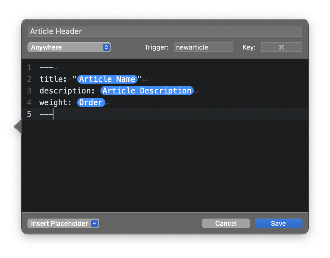 An example clip for inserting a header in a Markdown document with a title, description, and weight. An example clip for inserting a header in a Markdown document with a title, description, and weight.