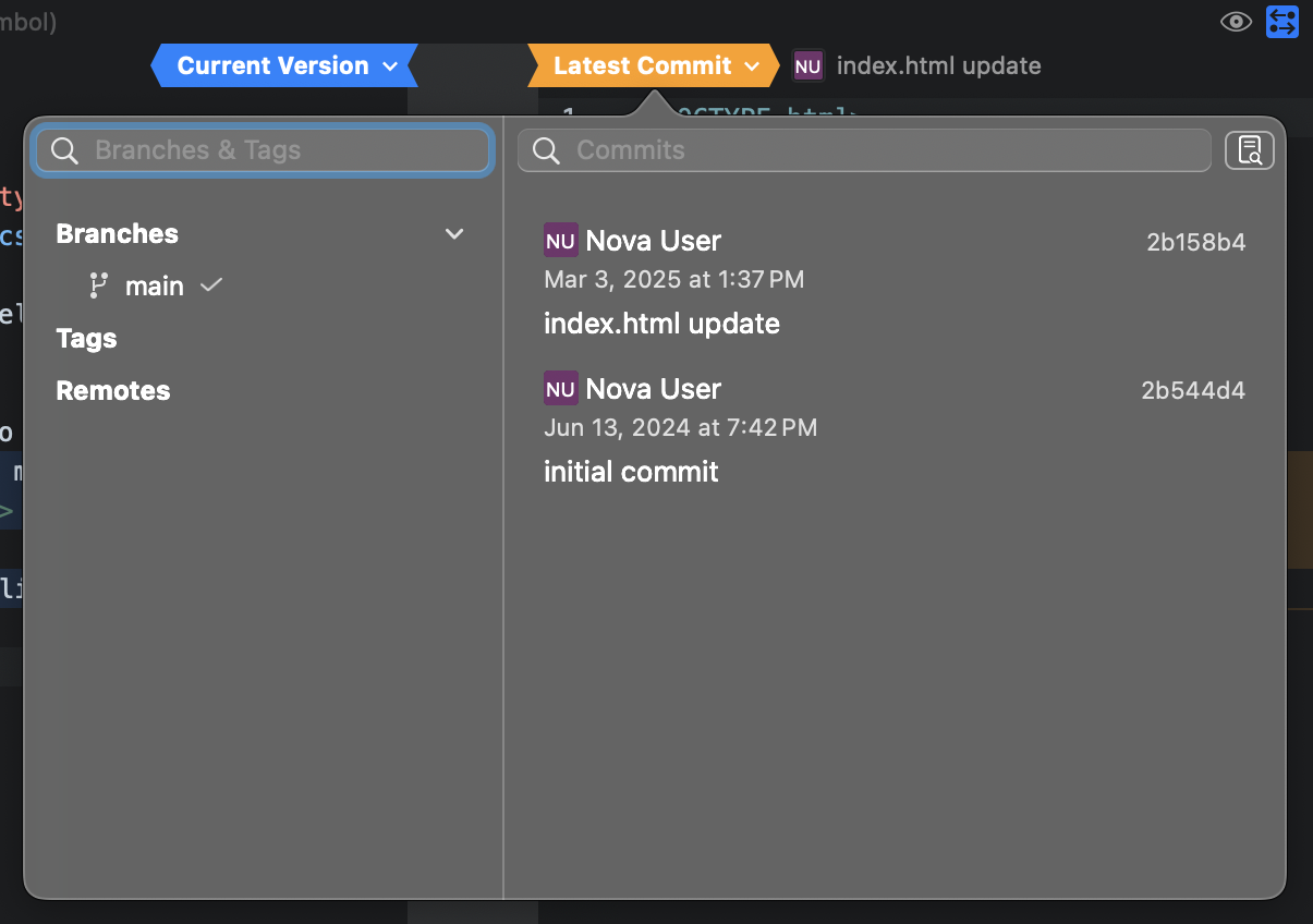 The popover for selecting a revision for comparison. The popover for selecting a revision for comparison.