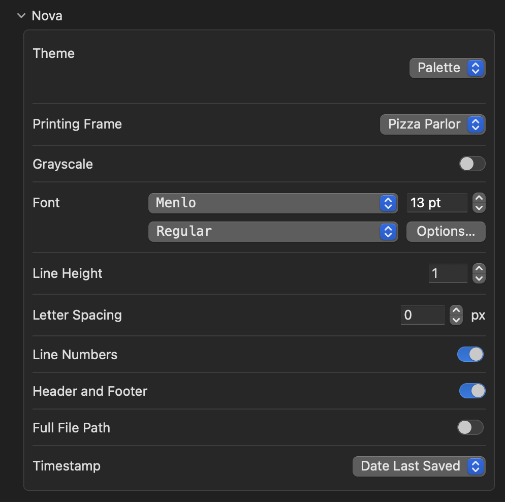 The printing options provided by Nova. The printing options provided by Nova.