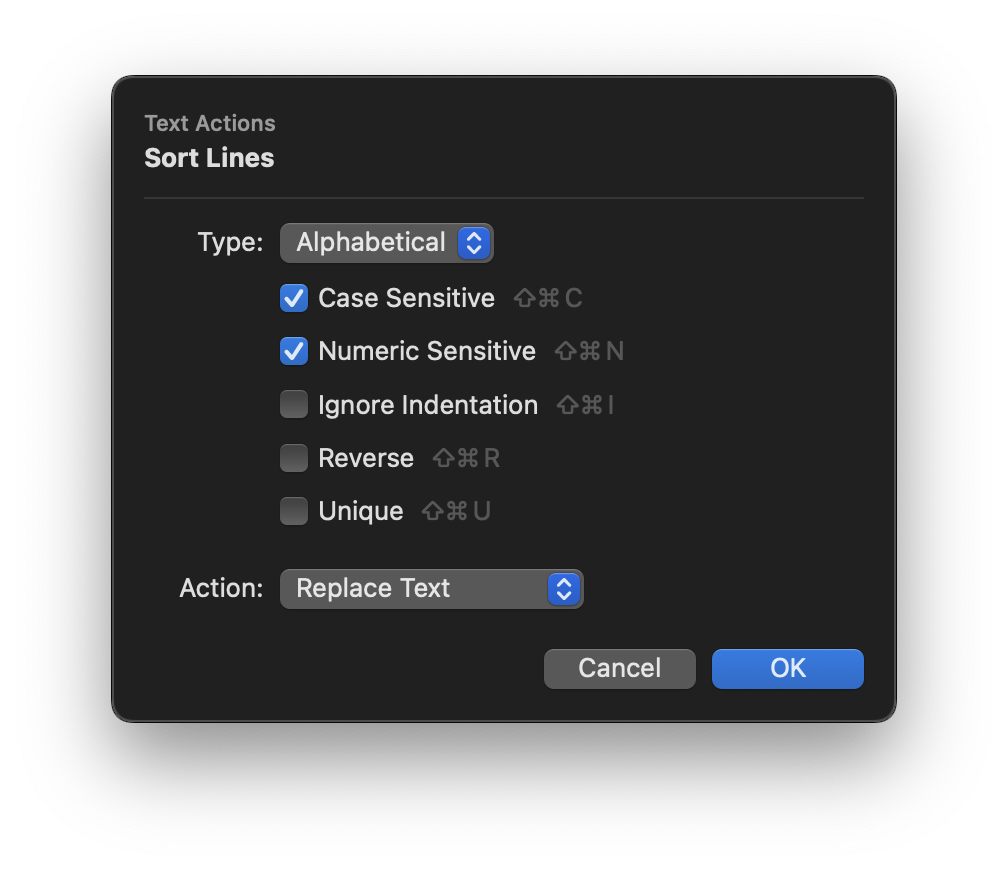 The Sort Lines interface. The Sort Lines interface.