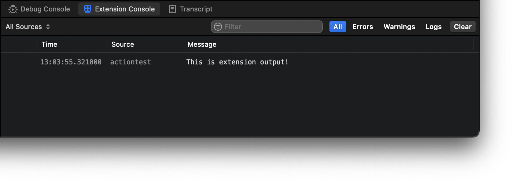 The Extension Console showing output. The Extension Console showing output.