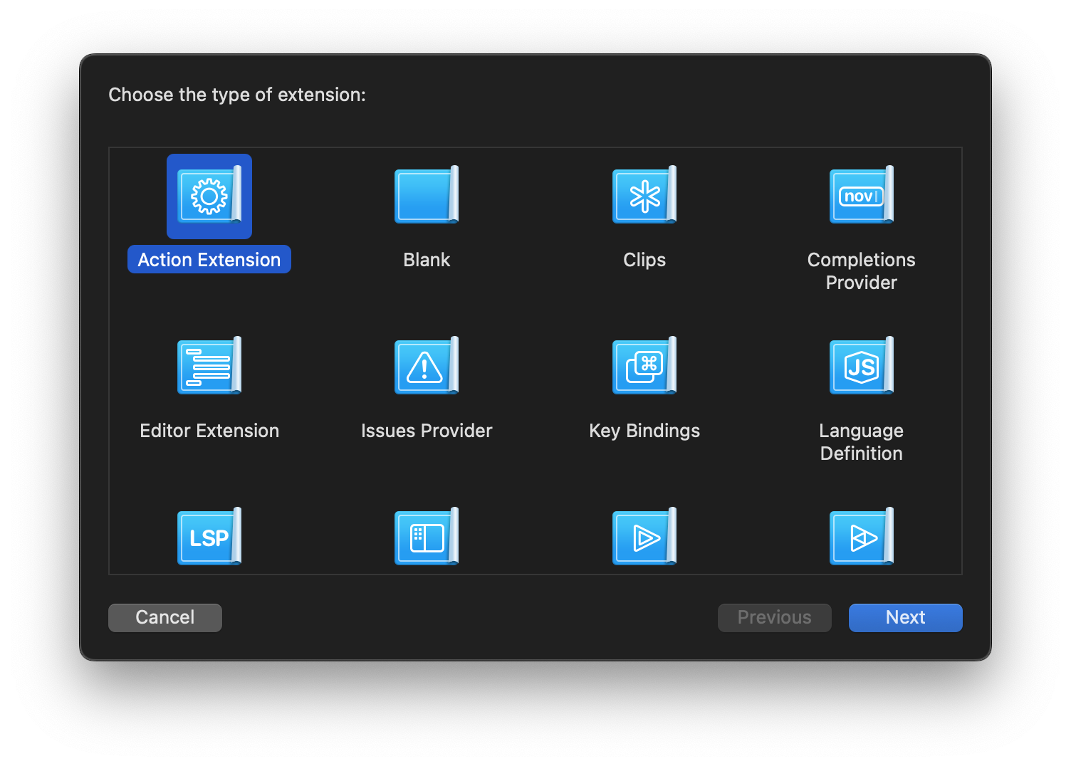 Choosing a type of Extension to create. Choosing a type of Extension to create.