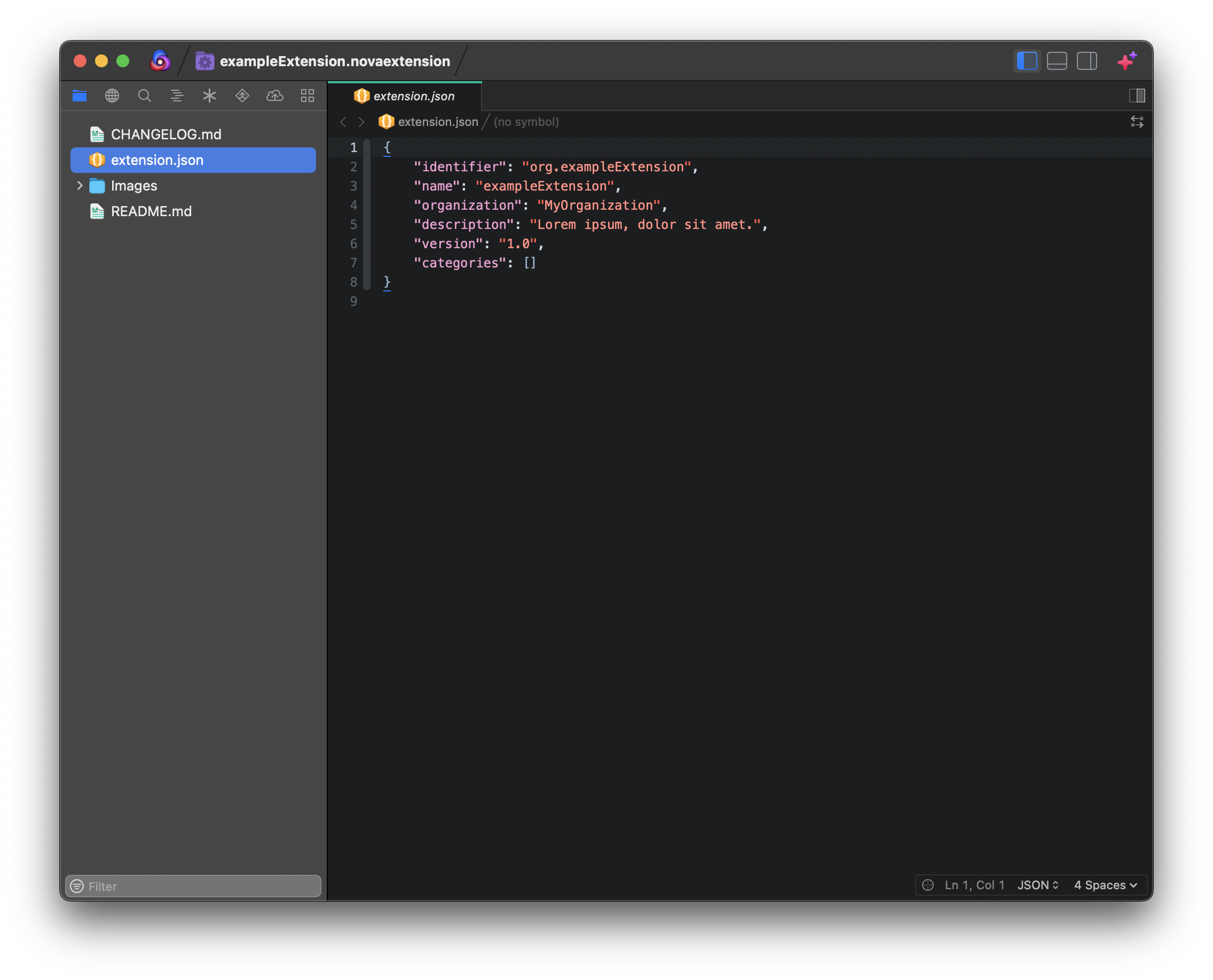 Editing the extension.json file of a newly-created extension. Editing the extension.json file of a newly-created extension.