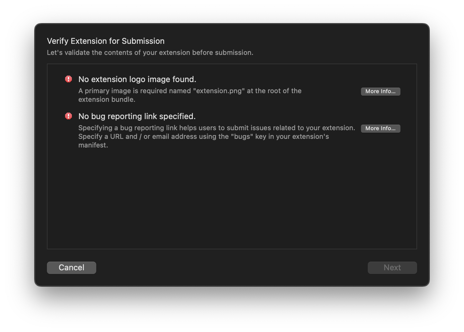 Nova will display any issues it finds before allowing you to submit your extension. Nova will display any issues it finds before allowing you to submit your extension.