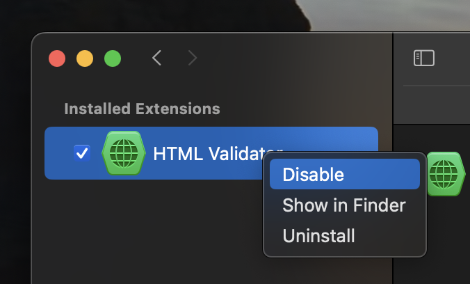 The context menu for installed extensions.