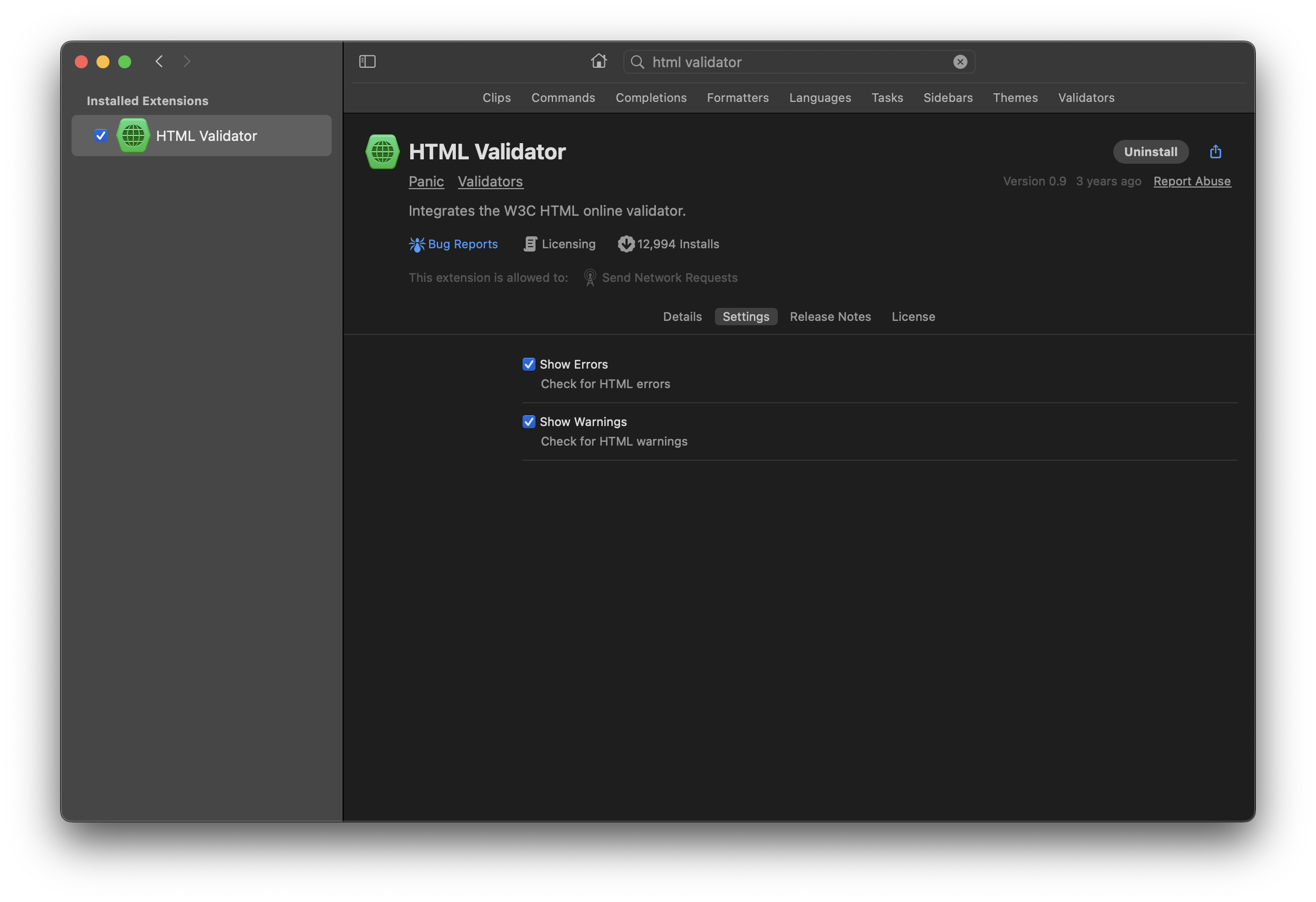Viewing the settings for an extension. Viewing the settings for an extension.