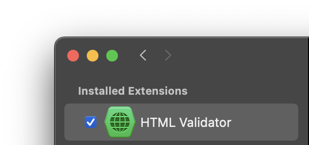 The Extension Library's sidebar, showing that the HTML Validator extension has been installed.