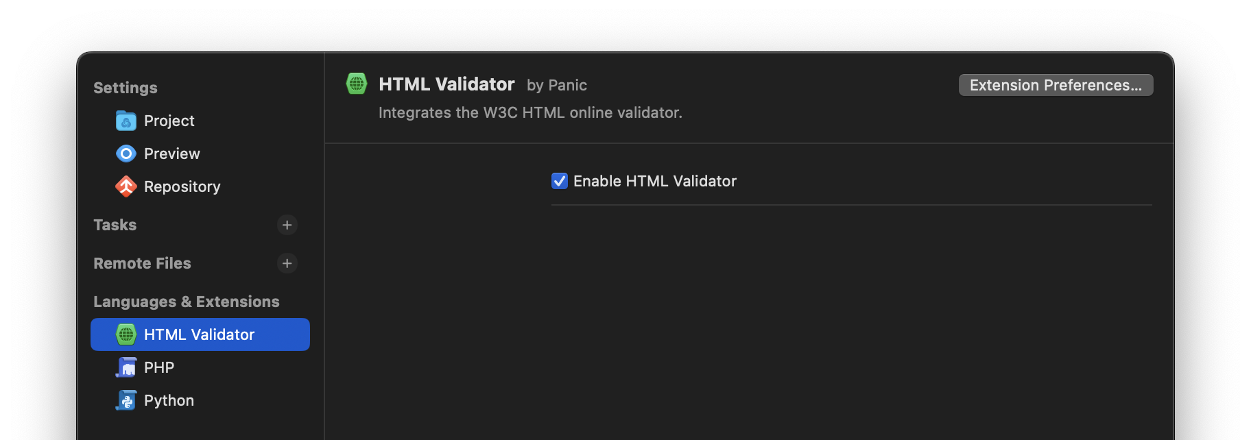 Viewing the per-project settings for an extension in Project Settings. Viewing the per-project settings for an extension in Project Settings.