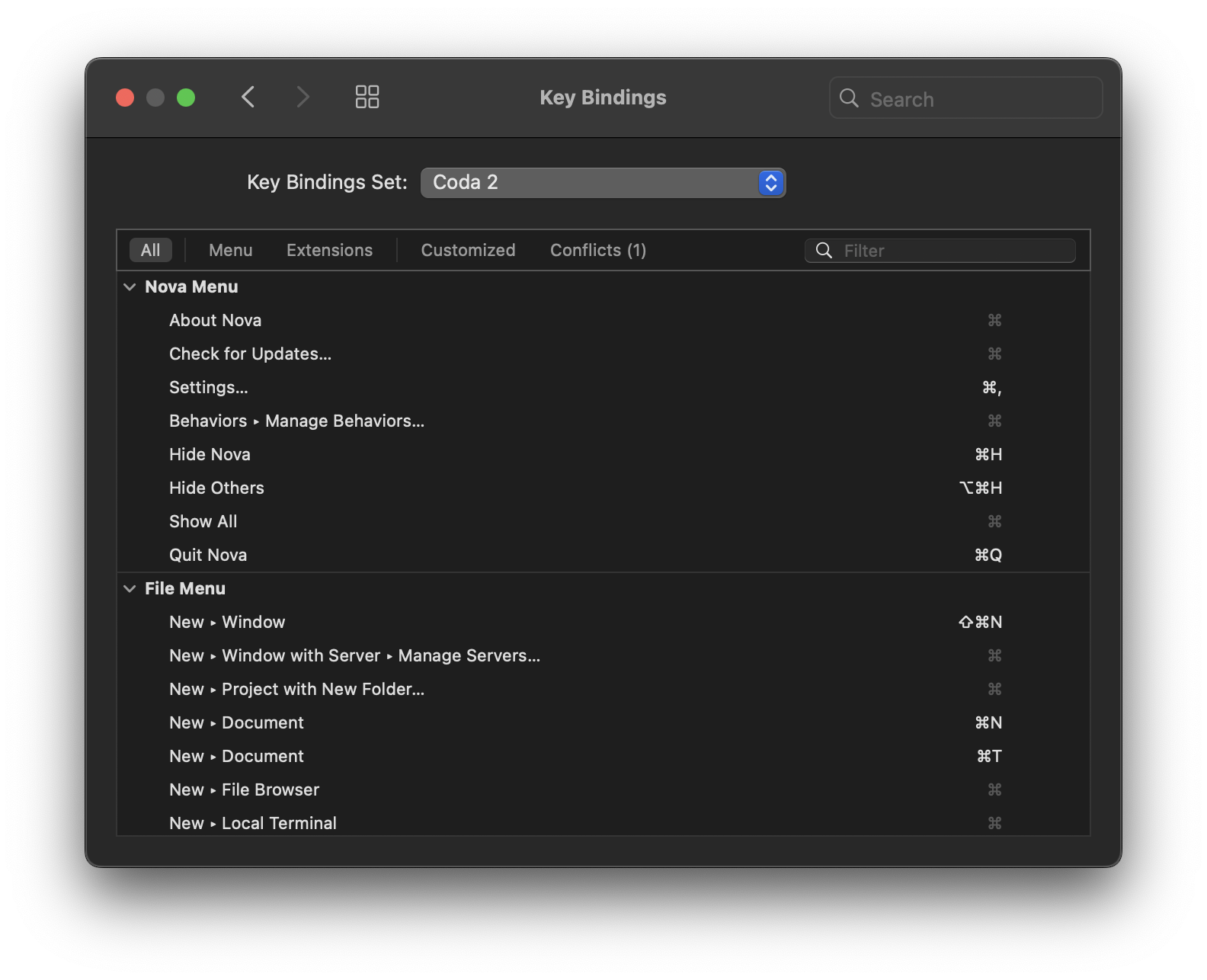 Changing Nova's key bindings to the 'Coda 2' preset. Changing Nova's key bindings to the 'Coda 2' preset.
