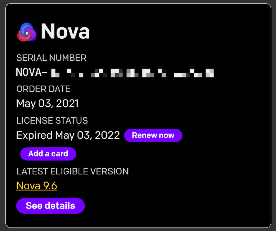 Viewing an expired Nova license at accounts.panic.com. Viewing an expired Nova license at accounts.panic.com.