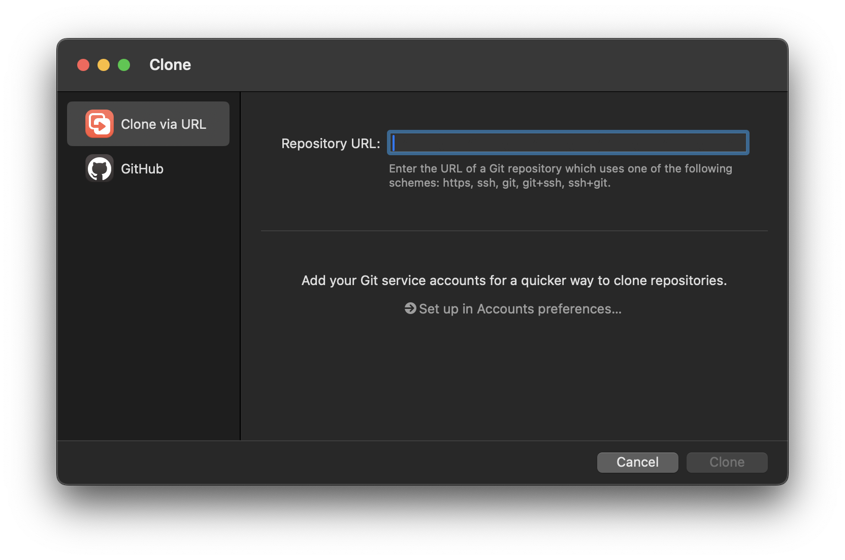 The interface for cloning via URL. The interface for cloning via URL.