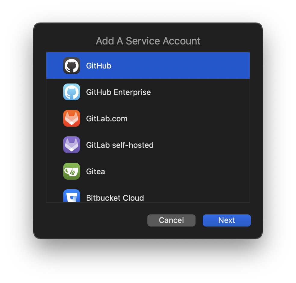 Choosing a Git service to connect with Nova.