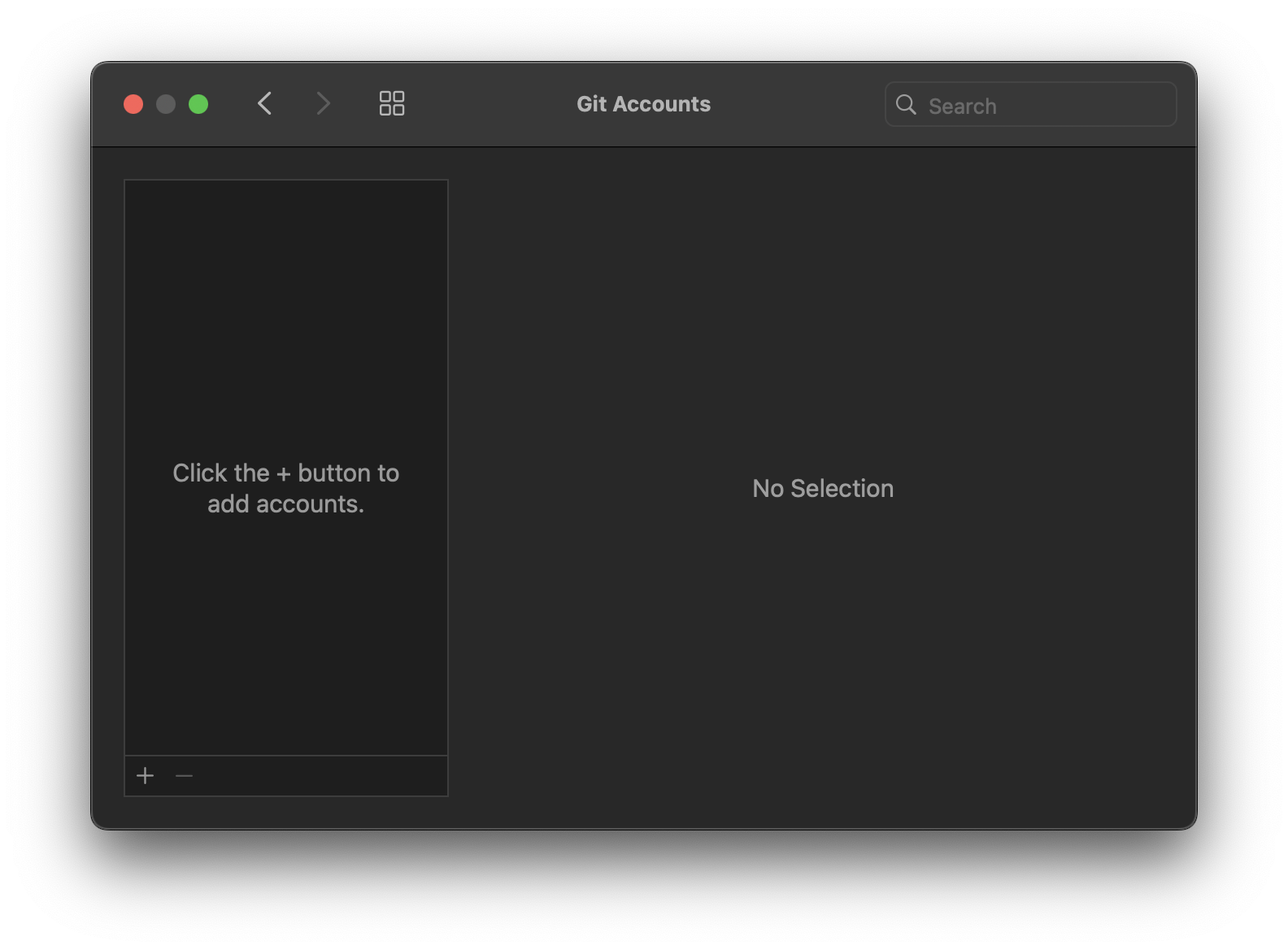 The Git Accounts settings pane. The Git Accounts settings pane.