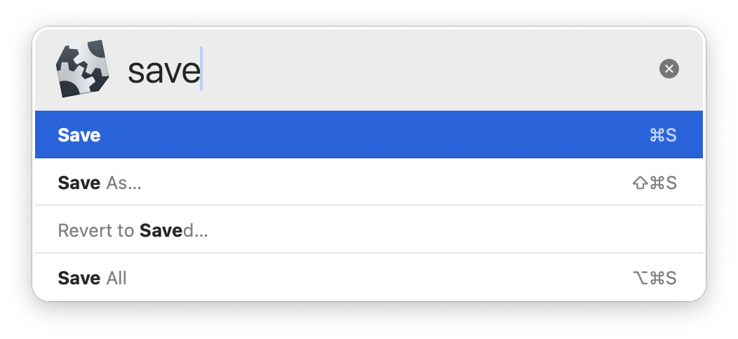 An example of options available when typing 'save' in the Command Palette. An example of options available when typing 'save' in the Command Palette.