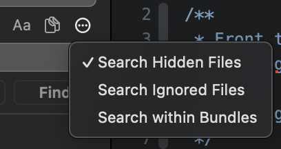 The dropdown menu for searching hidden or ignored files. The dropdown menu for searching hidden or ignored files.