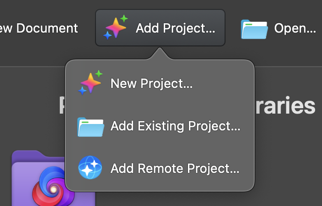 The menu for adding a project.