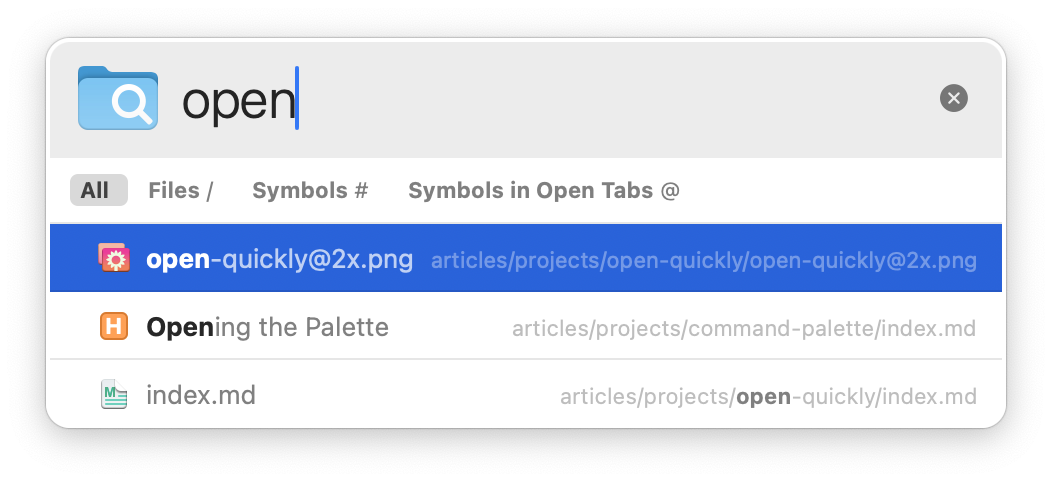 Performing a search in Open Quickly. Performing a search in Open Quickly.