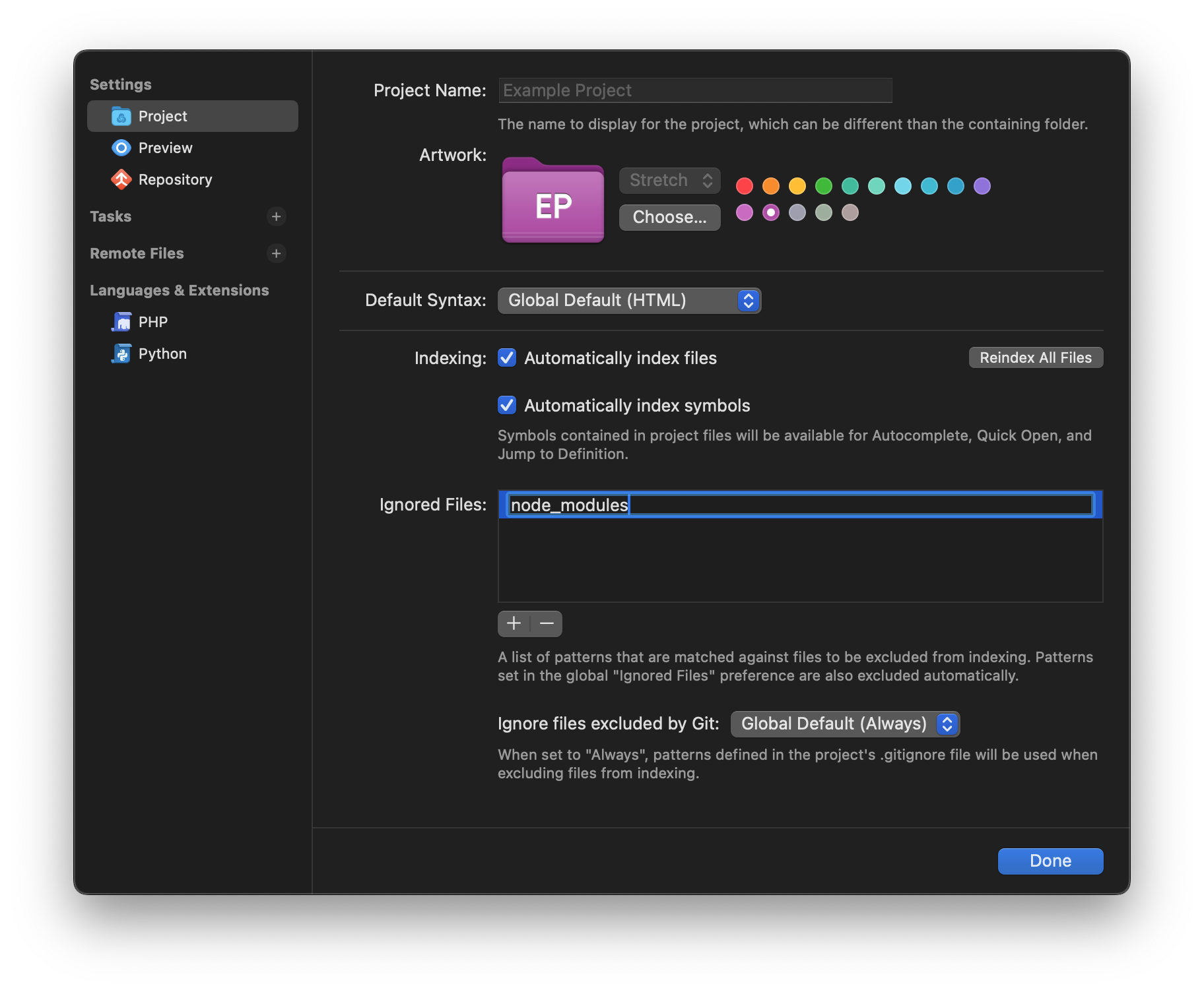 Adding an Ignored Files rule in Project Settings. Adding an Ignored Files rule in Project Settings.