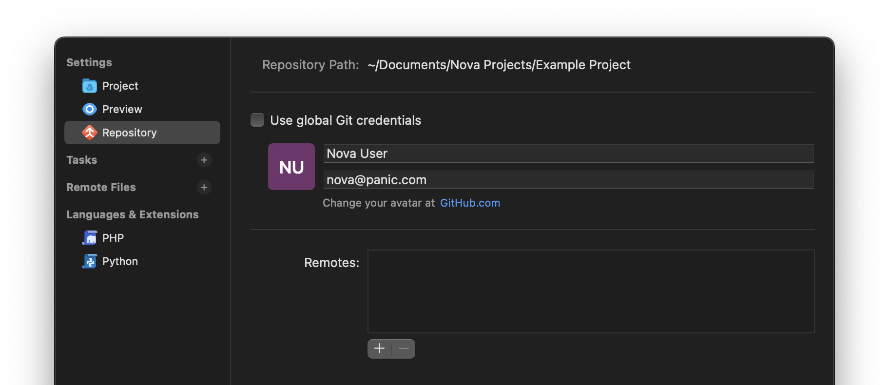 The Repository view in Project Settings. The Repository view in Project Settings.