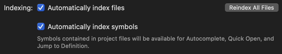 Indexing settings in Project Settings. Indexing settings in Project Settings.