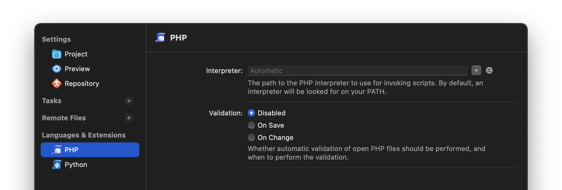 PHP options in Project Settings. PHP options in Project Settings.