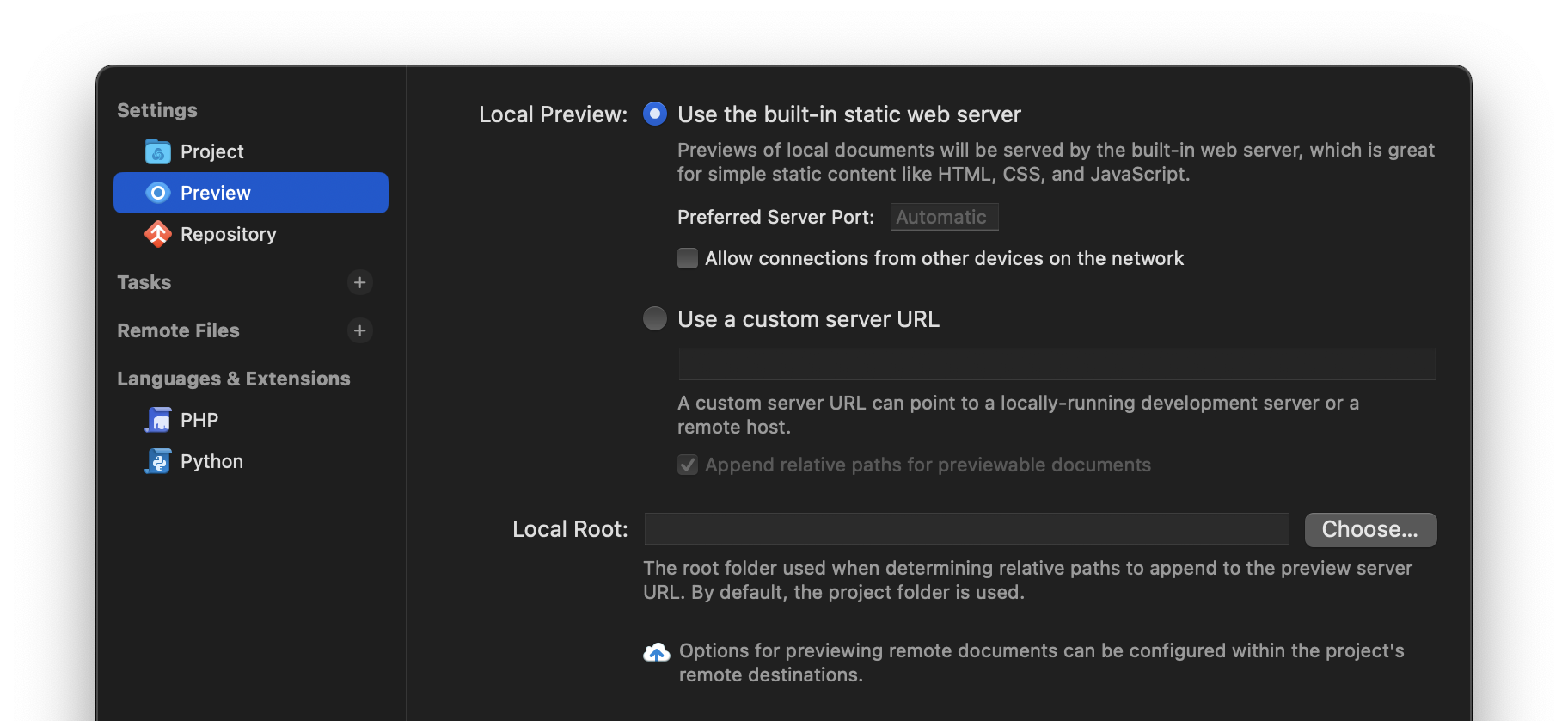 The Preview view in Project Settings. The Preview view in Project Settings.