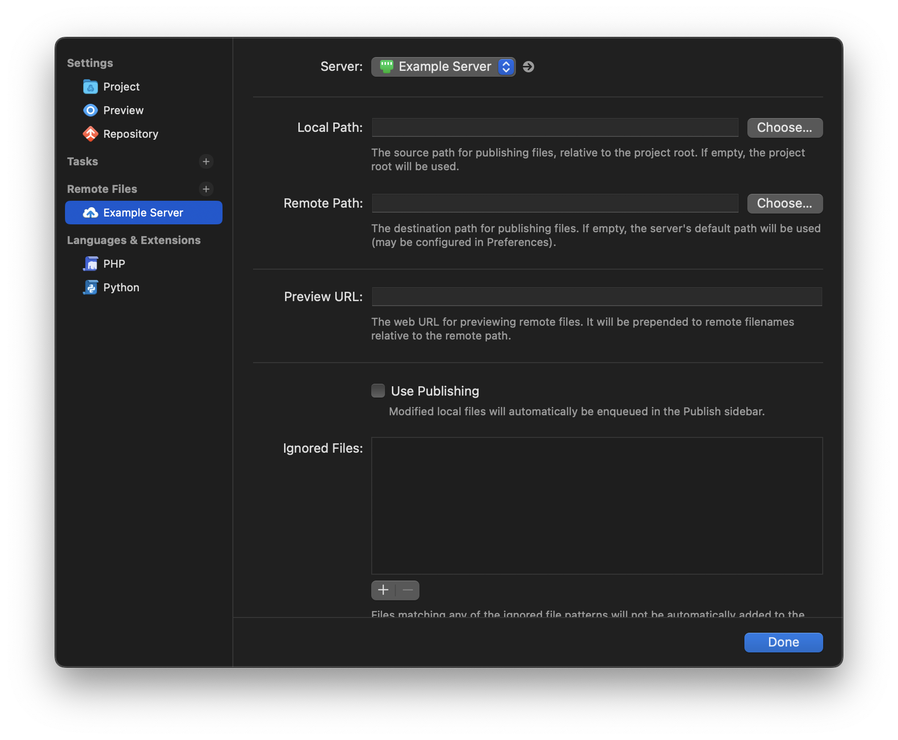 Settings for configuring a Remote Files destination. Settings for configuring a Remote Files destination.