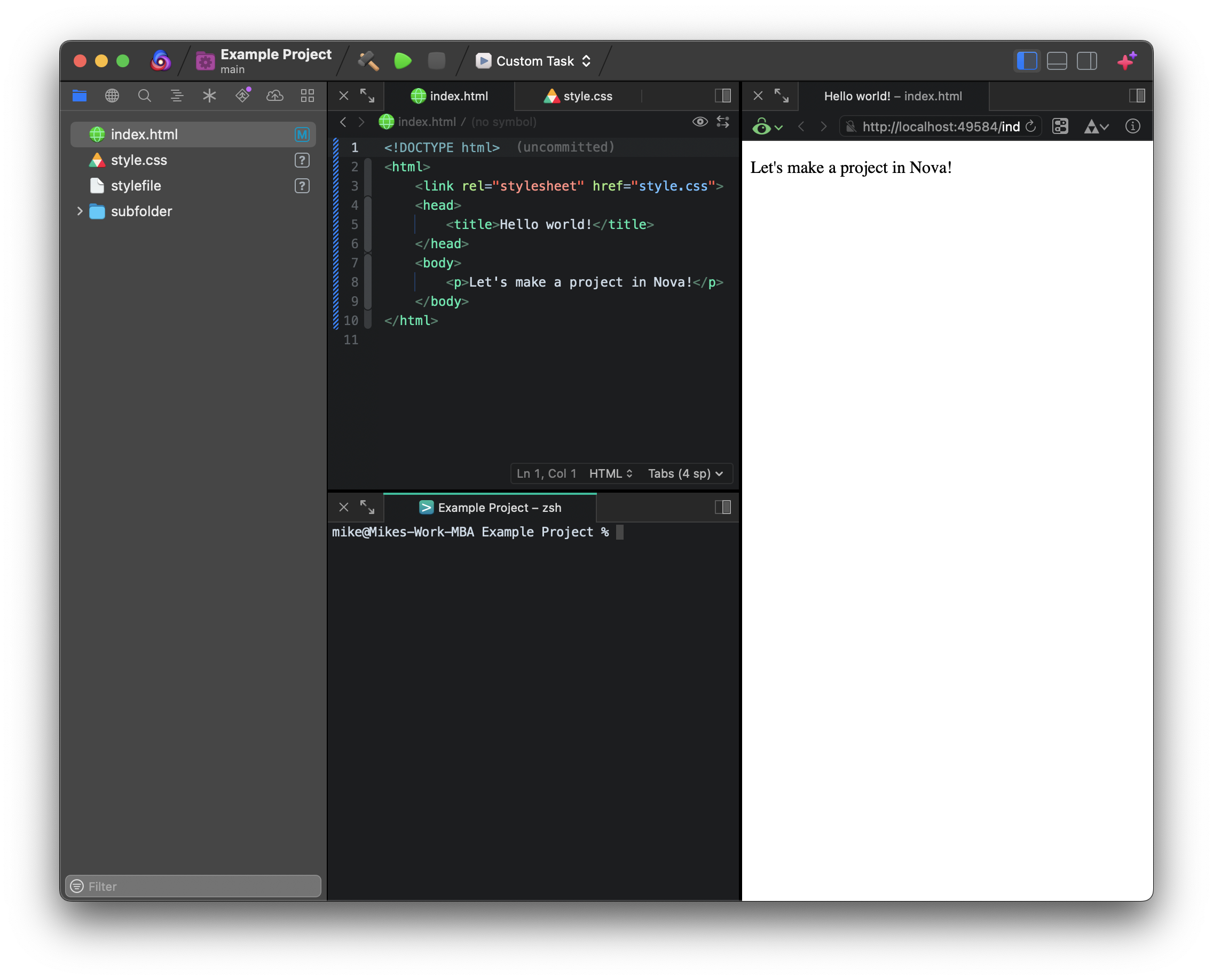 A Nova workspace split into multiple panes. A Nova workspace split into multiple panes.