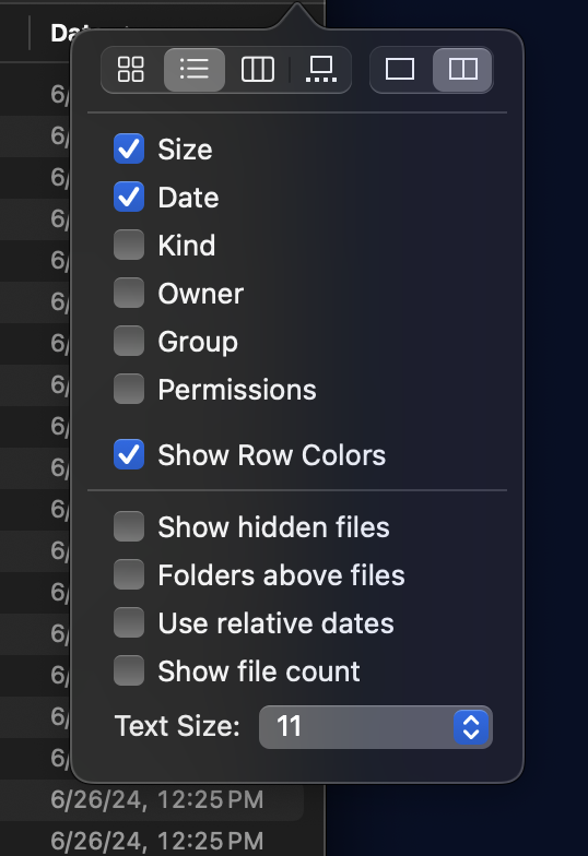 The View Options popover.