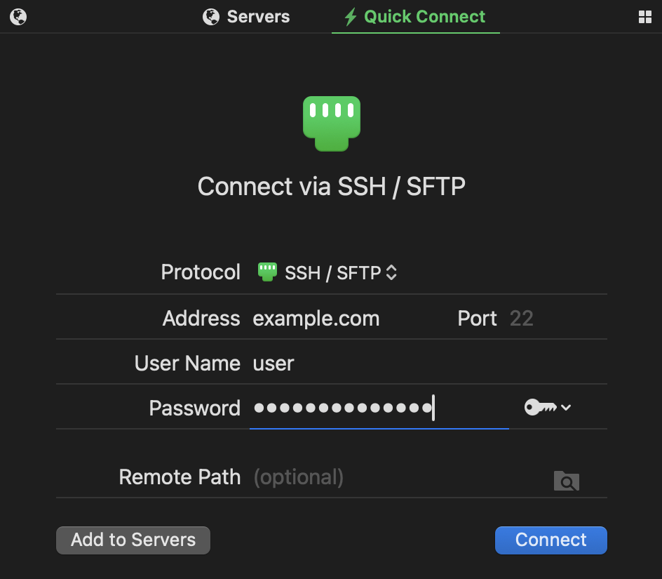 Entering credentials in the Quick Connect pane.