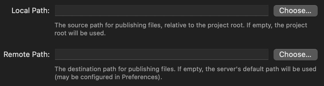 The Local and Remote Path fields in Project Settings. The Local and Remote Path fields in Project Settings.