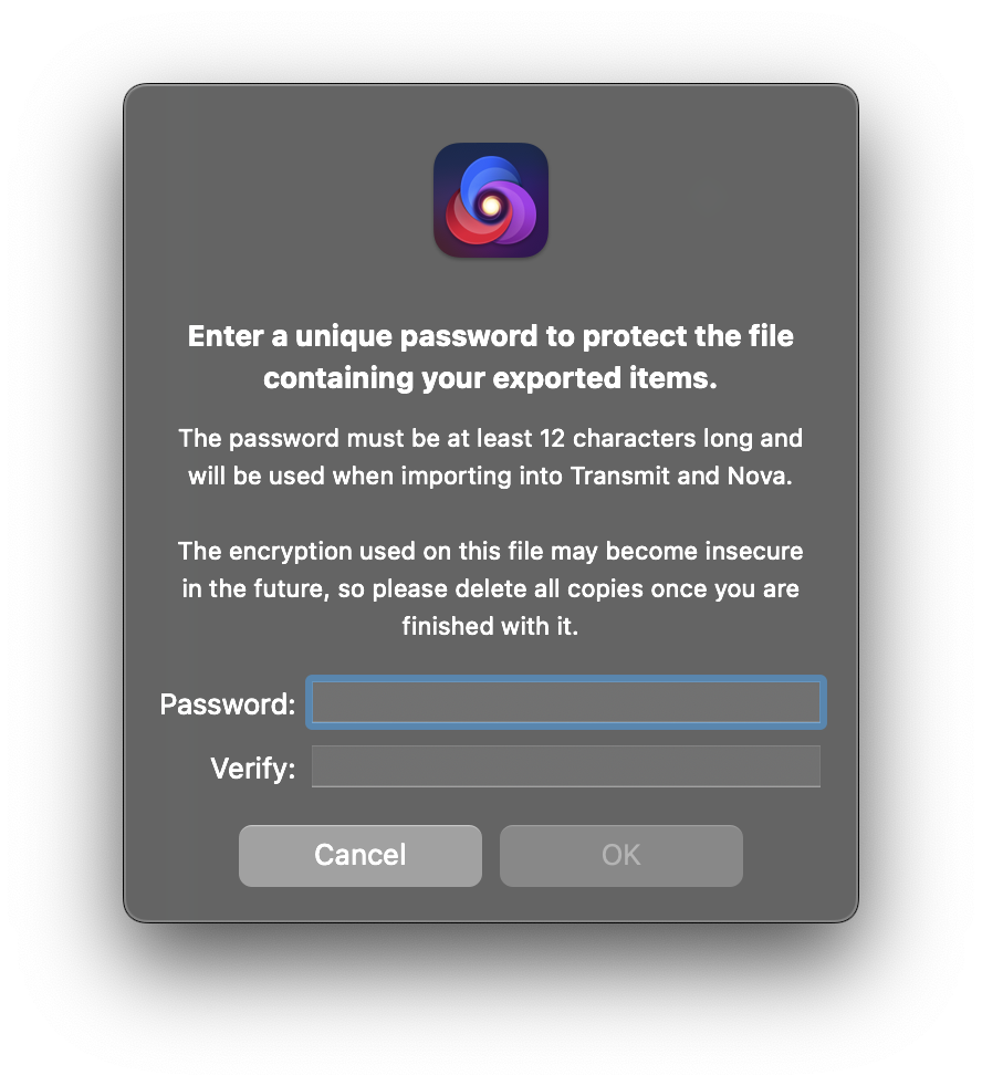 The prompt for creating a password when exporting server credentials. The prompt for creating a password when exporting server credentials.