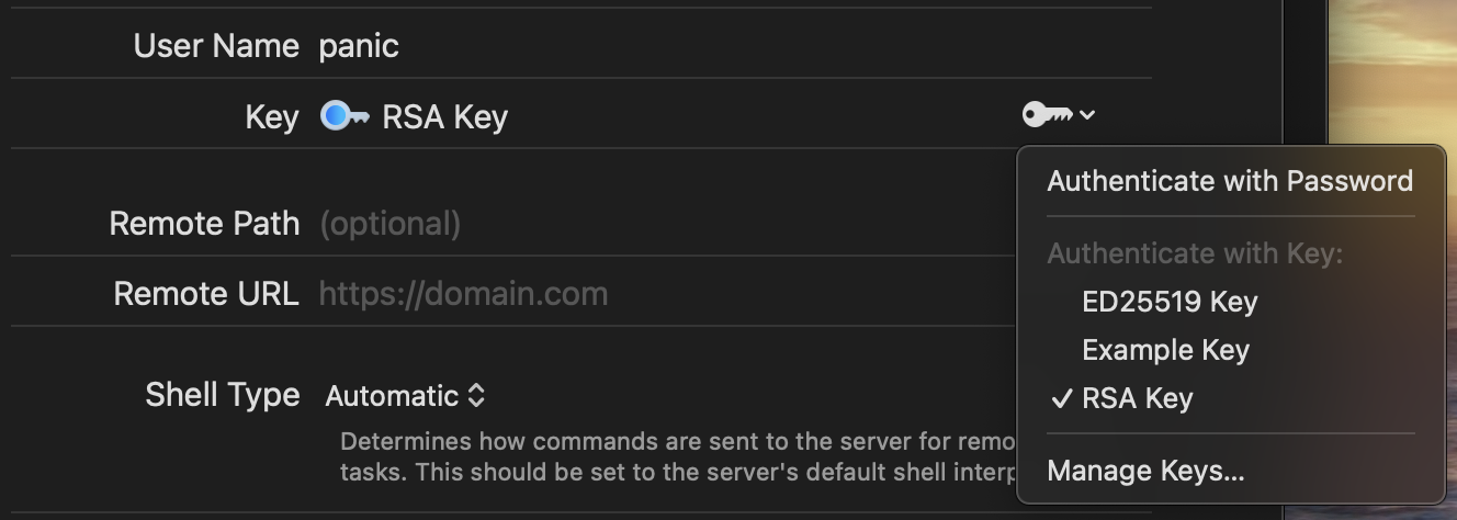 Selecting an SSH key to use for a server. Selecting an SSH key to use for a server.