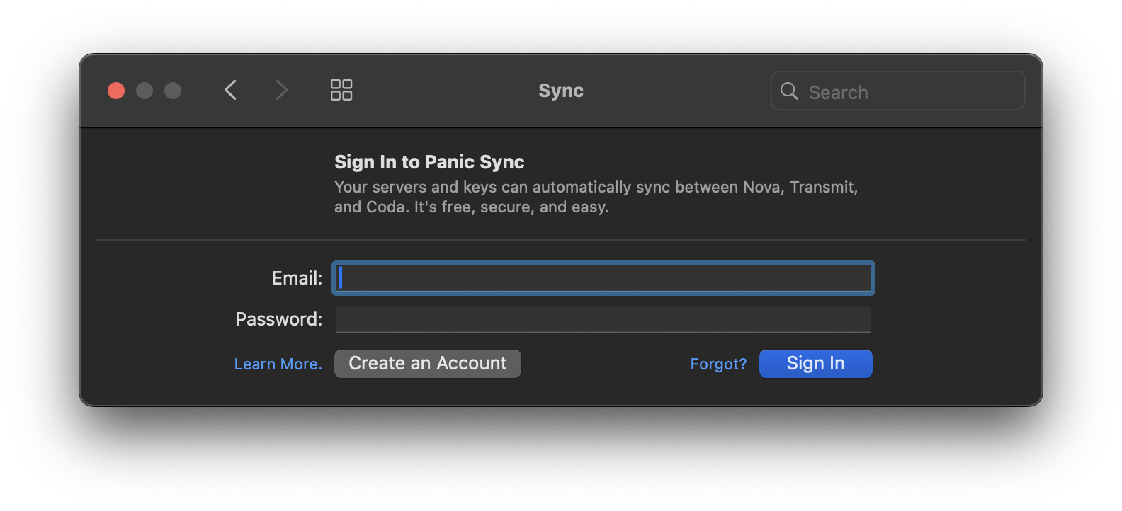 Signing into Panic Sync in Settings. Signing into Panic Sync in Settings.