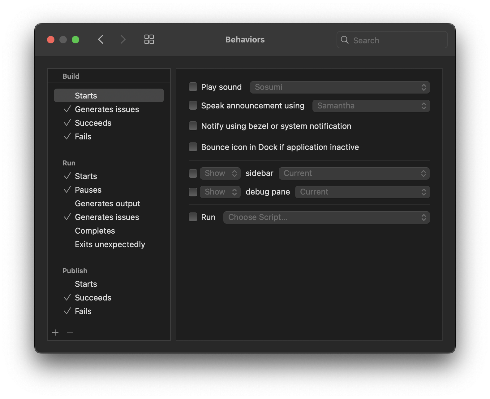 Nova's Behaviors settings. Nova's Behaviors settings.