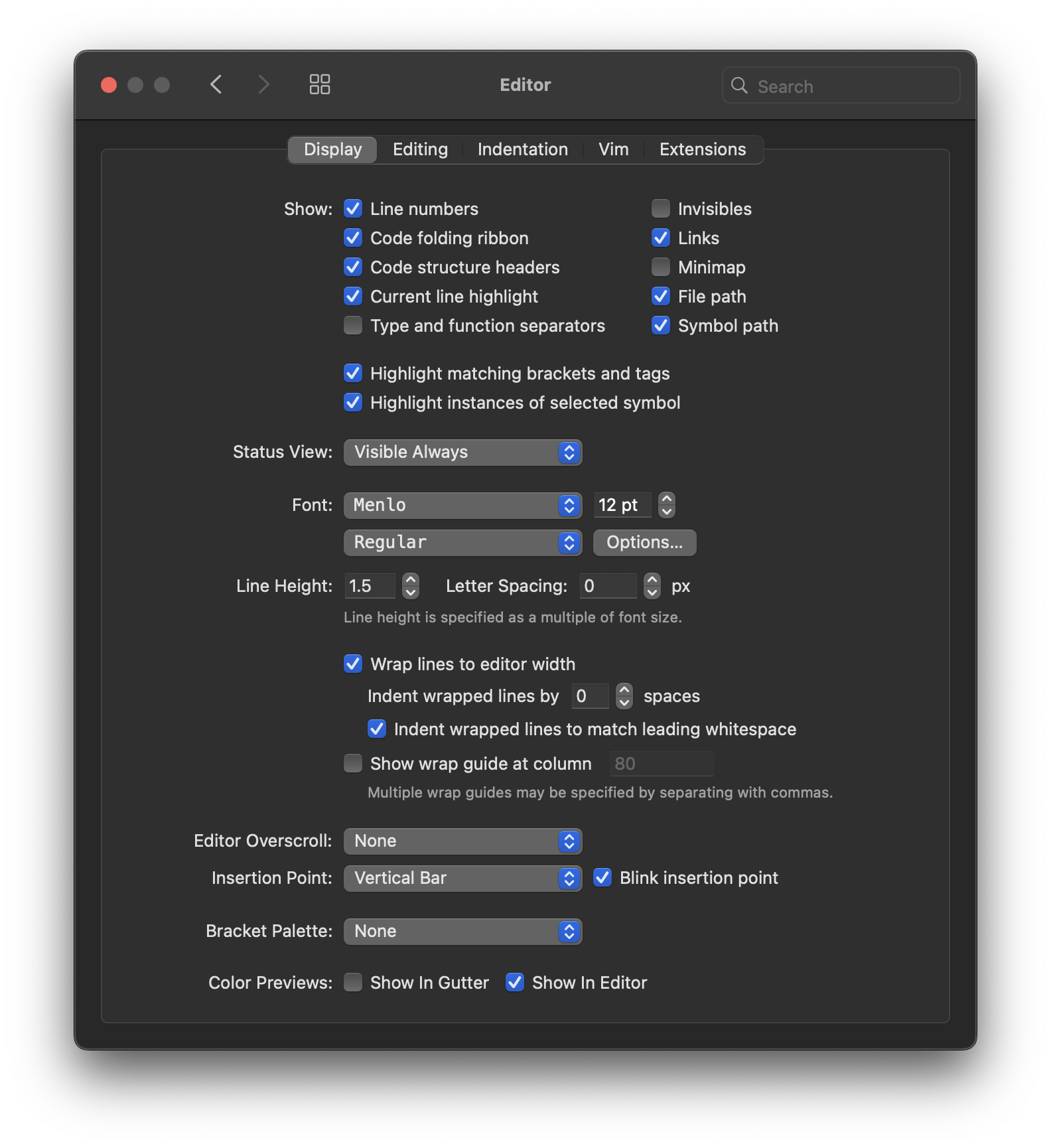 The Display section of the Editor settings. The Display section of the Editor settings.