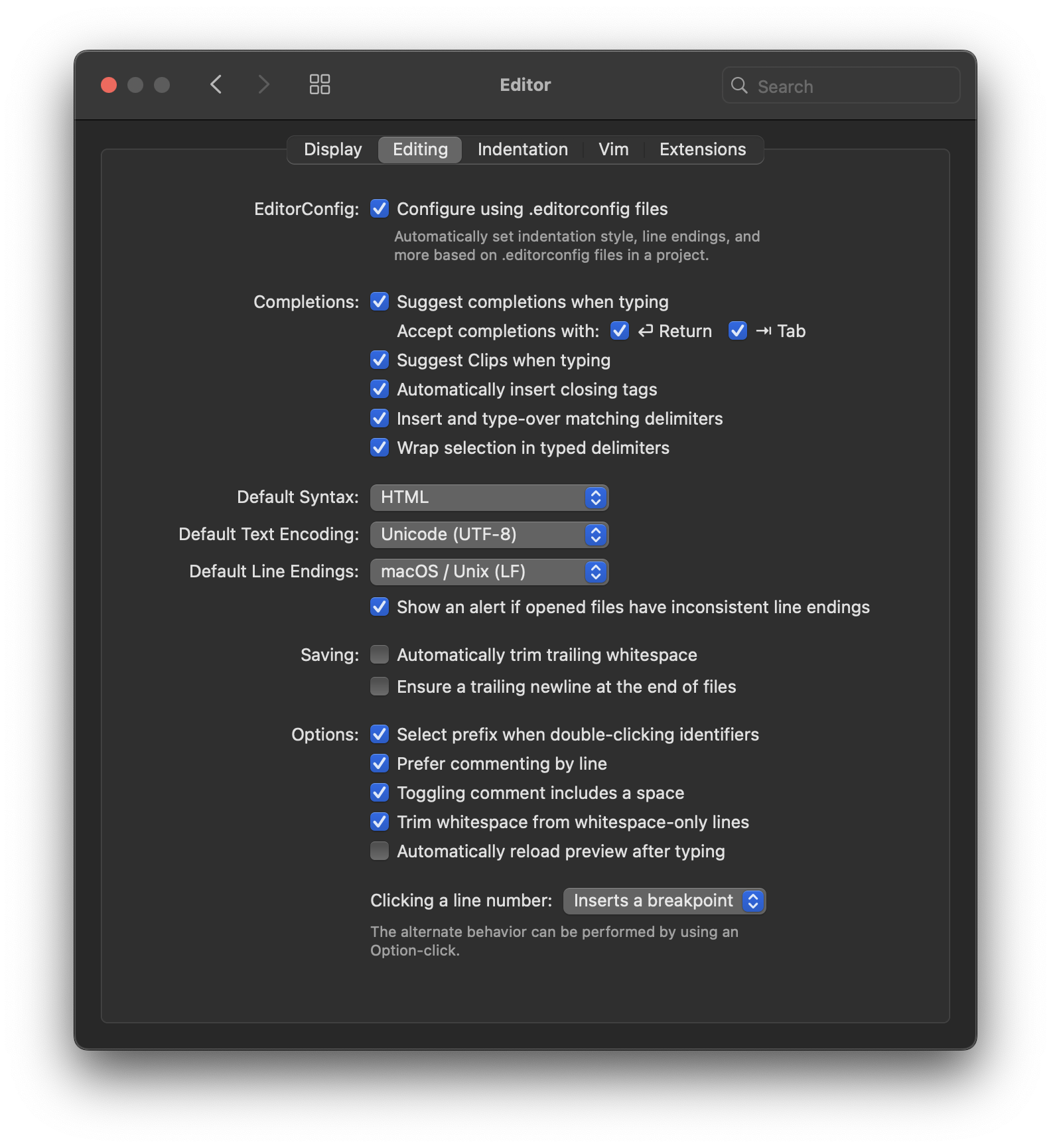 The Editing section of the Editor settings. The Editing section of the Editor settings.