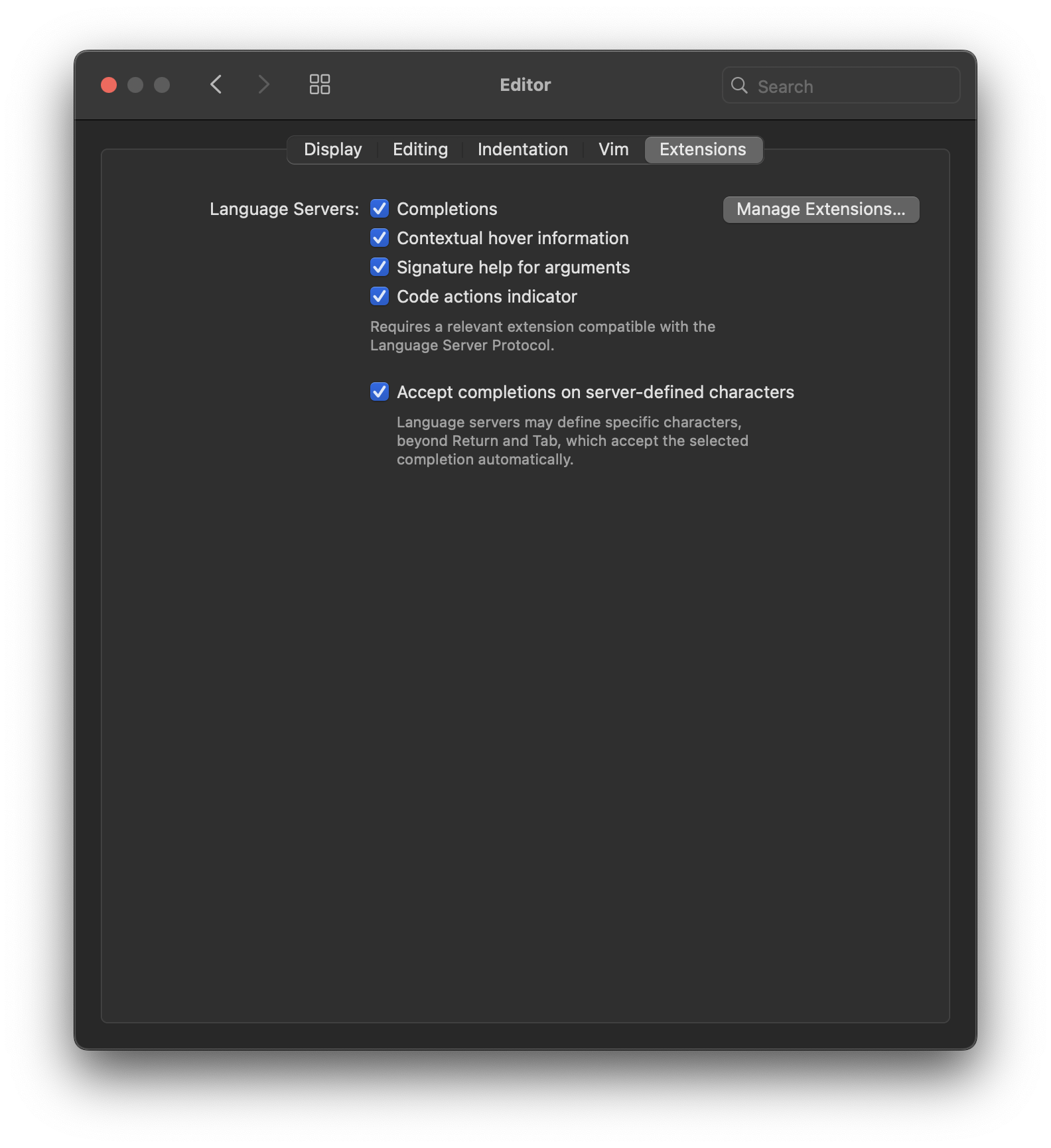 The Extensions section of the Editor settings. The Extensions section of the Editor settings.