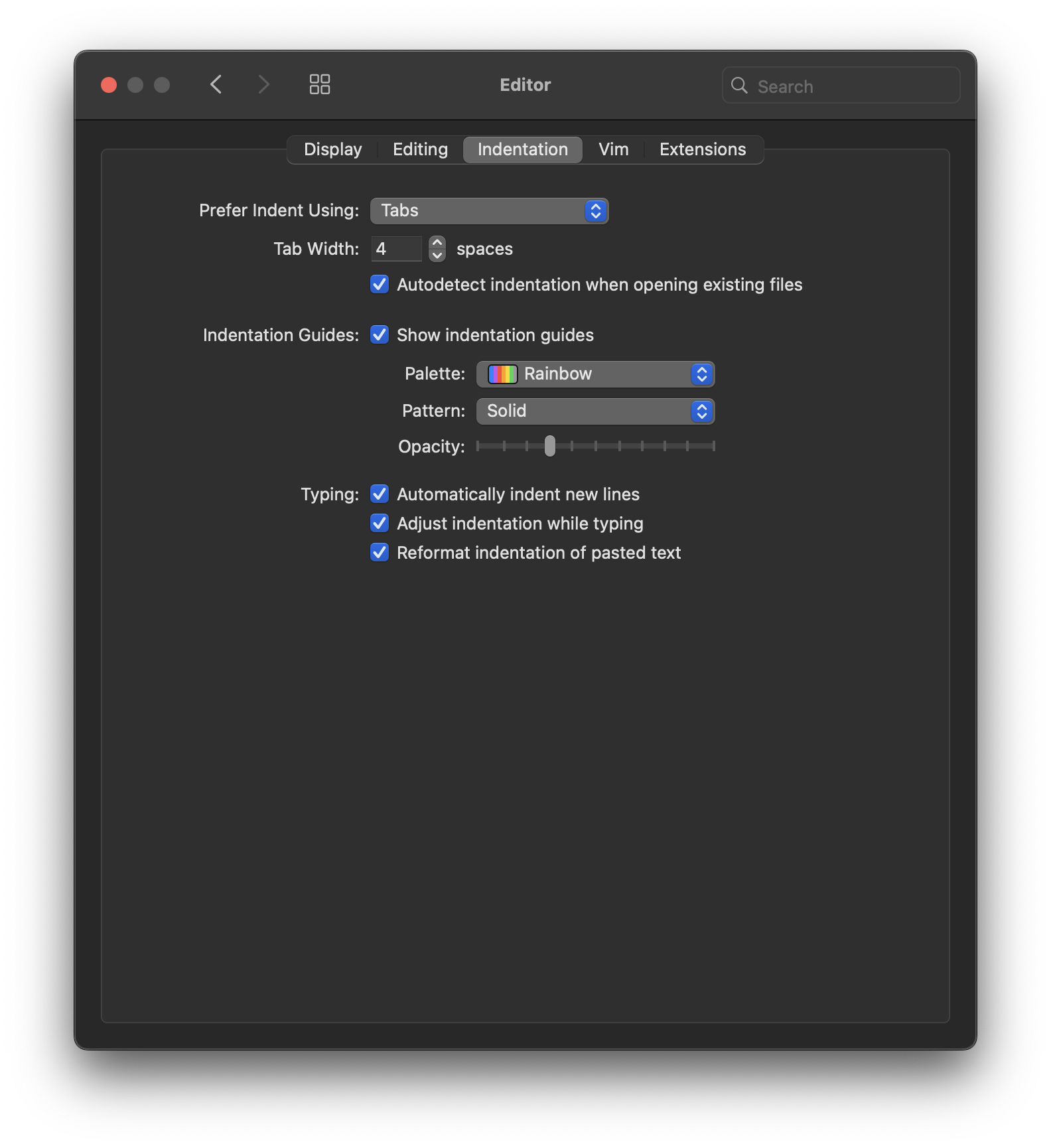 The Indentation section of the Editor settings. The Indentation section of the Editor settings.