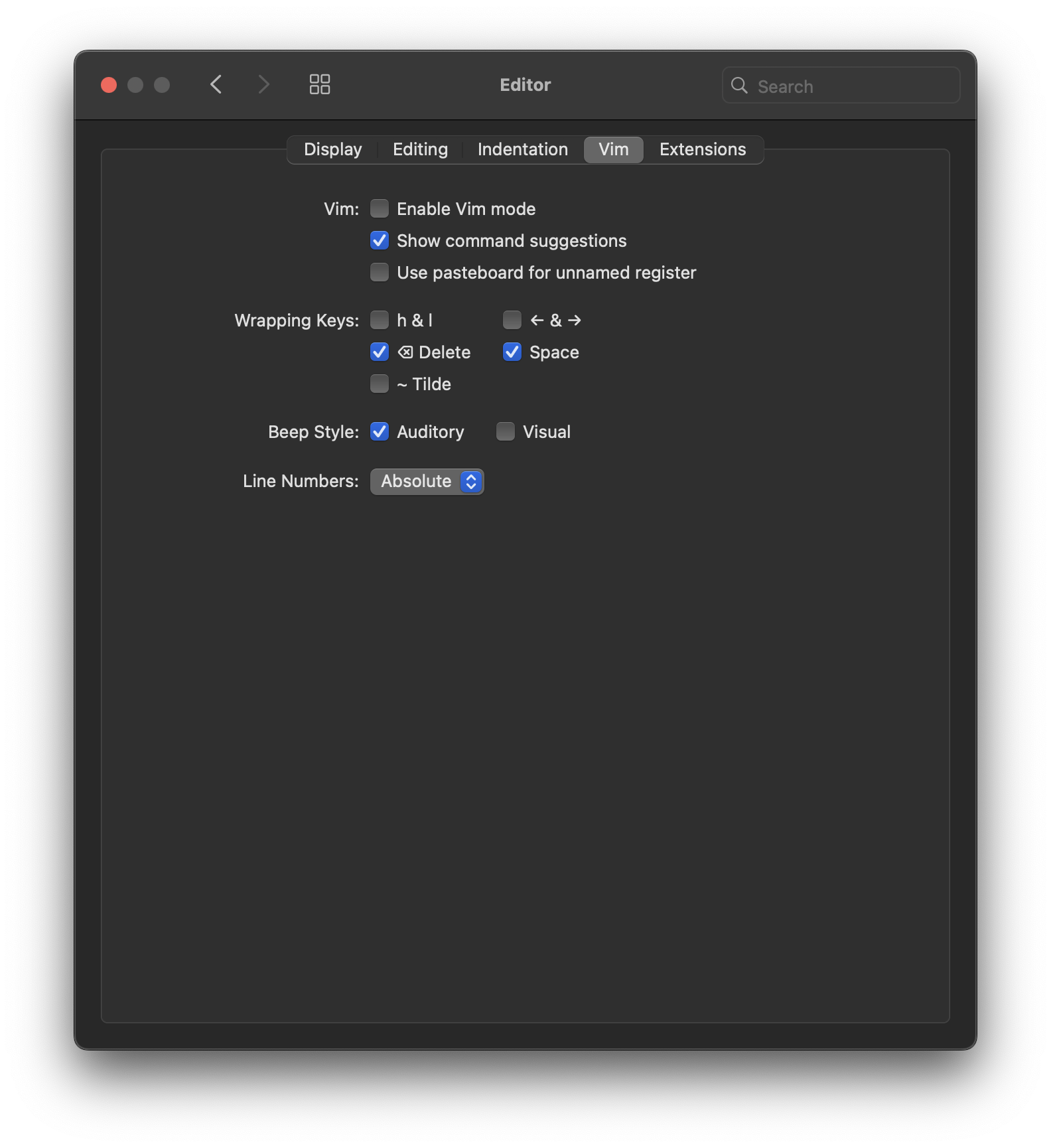 The Vim section of the Editor settings. The Vim section of the Editor settings.
