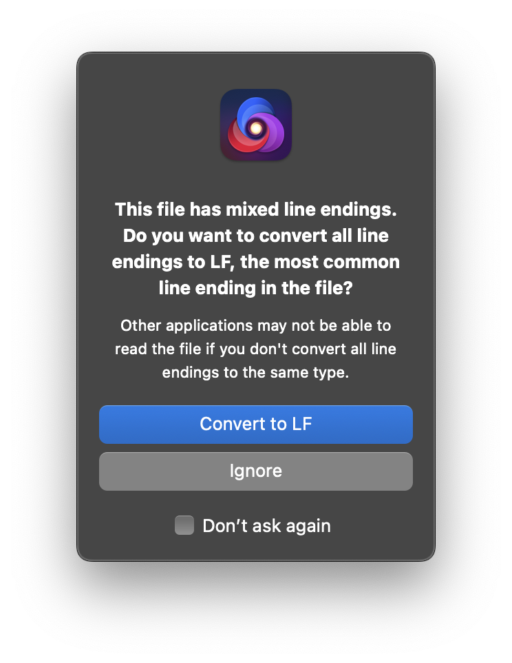 The alert shown when Nova detects mixed line endings. The alert shown when Nova detects mixed line endings.