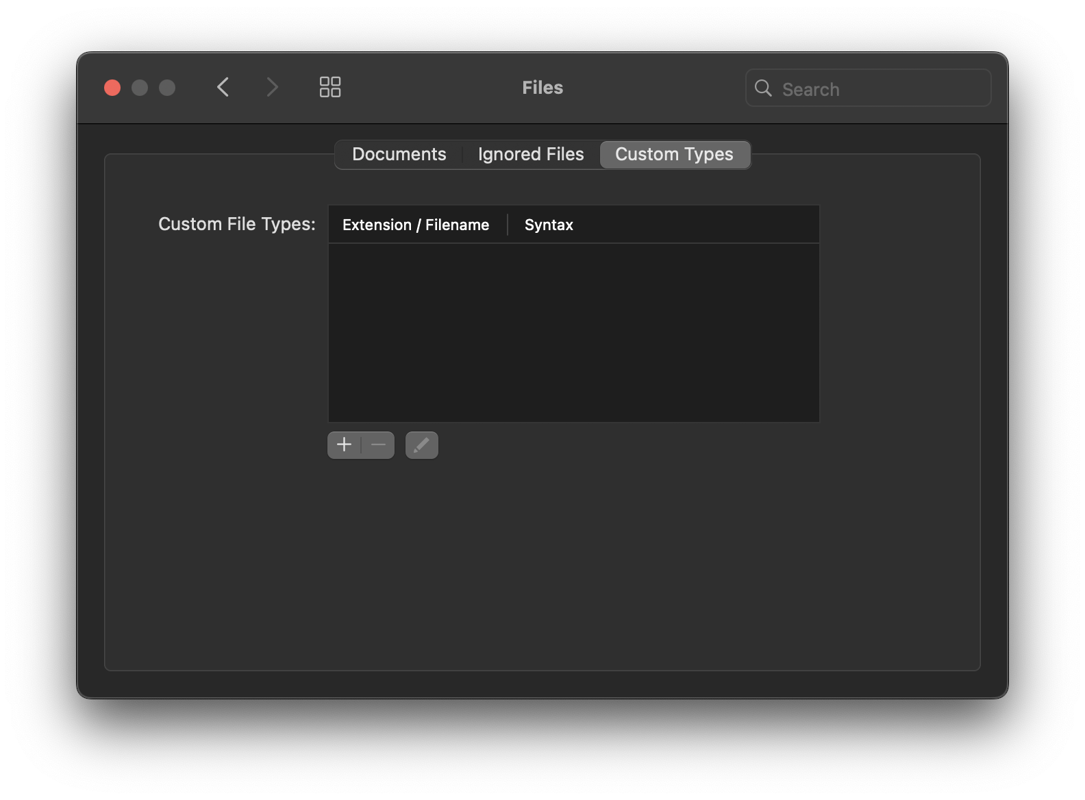 The Custom Types tab in Files Settings. The Custom Types tab in Files Settings.