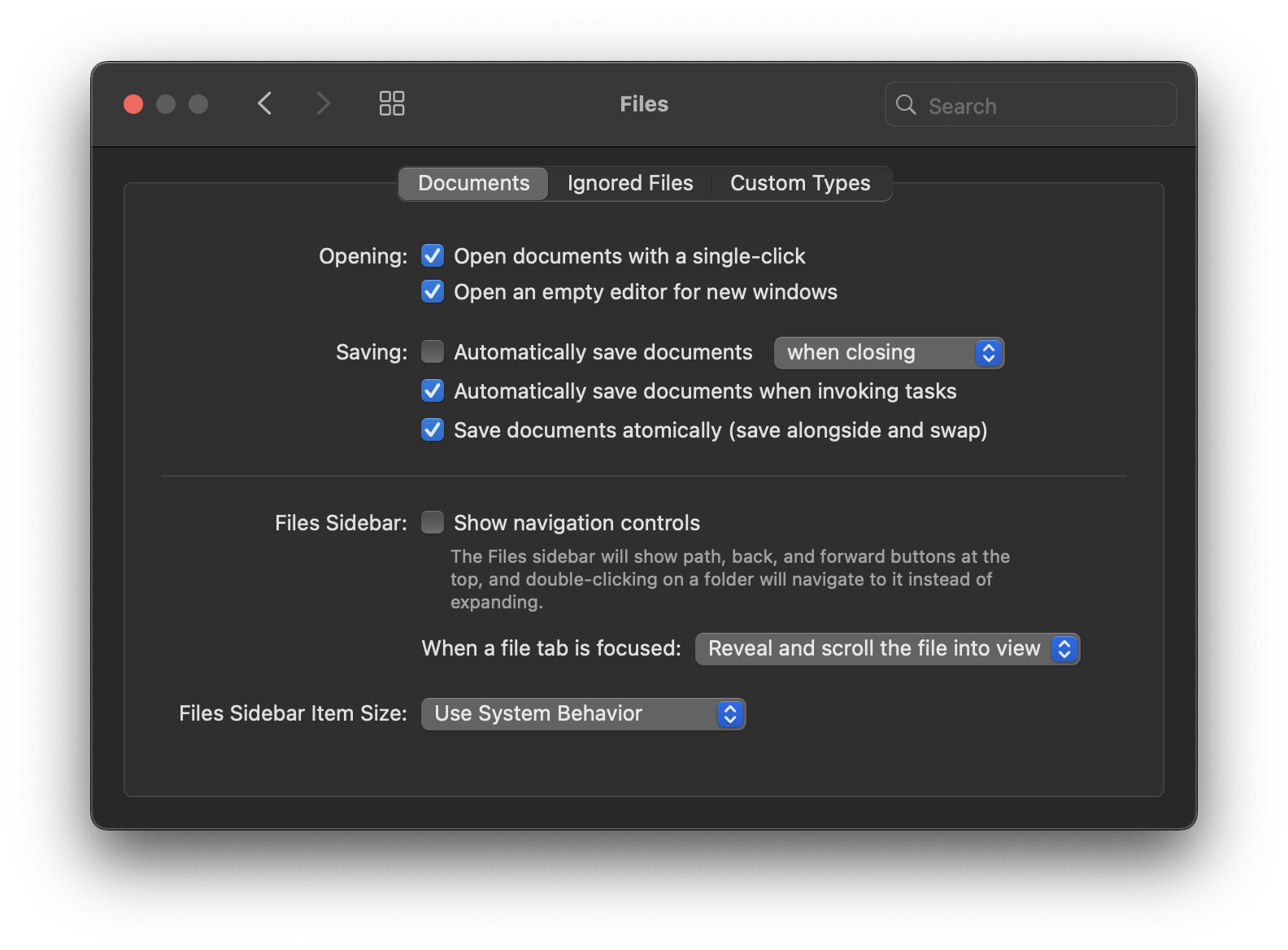 The Documents tab in Files Settings. The Documents tab in Files Settings.