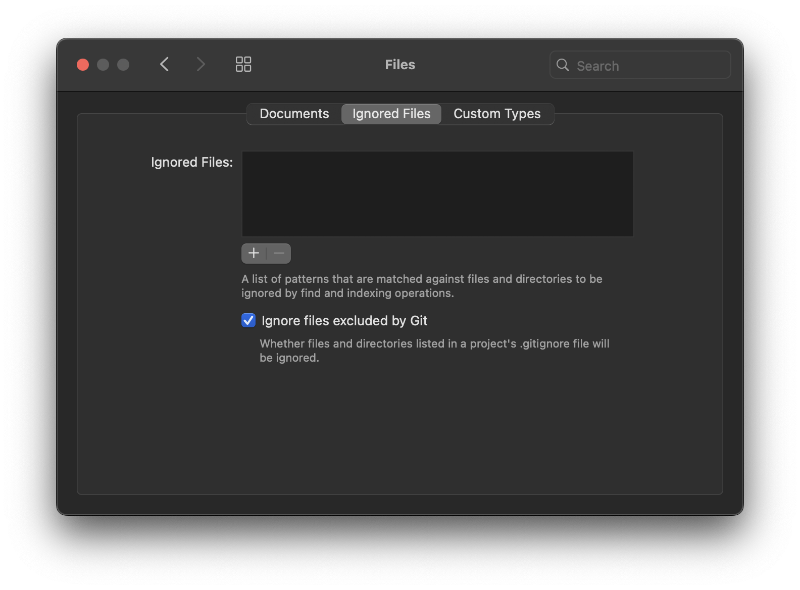 The Ignored Files tab in Files Settings. The Ignored Files tab in Files Settings.