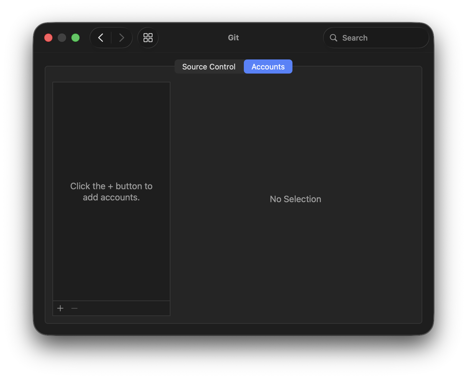 The Git Accounts settings pane.