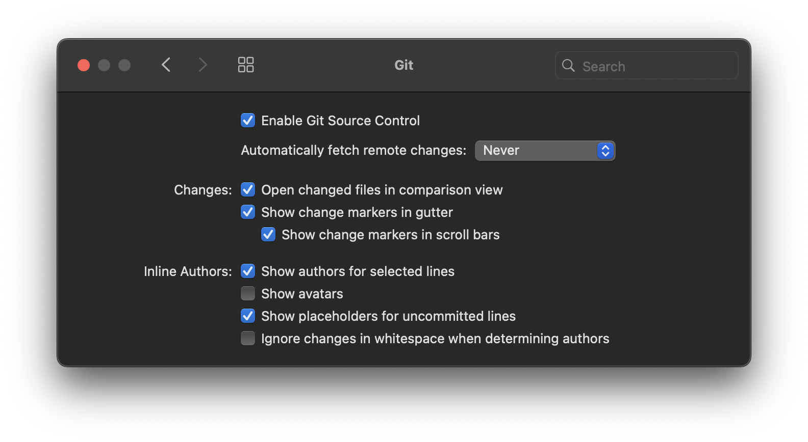 Nova's Git Settings pane. Nova's Git Settings pane.